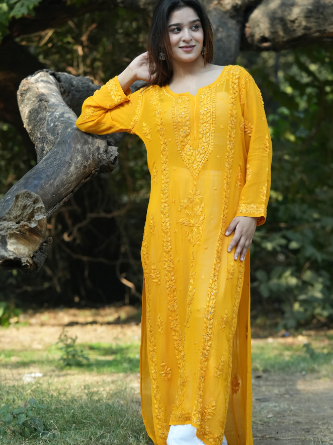 Mehak– Mustard Yellow Georgette Chikankari Long Straight Kurta