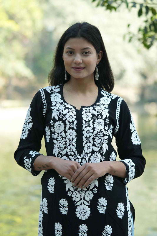Muskan – Black Hand-Embroidered Straight Modal Kurta