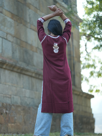 Muskan – Maroon Hand-Embroidered Straight Modal Kurta