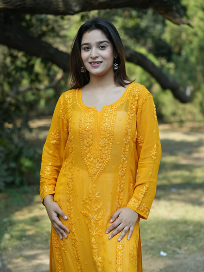 Mehak– Mustard Yellow Georgette Chikankari Long Straight Kurta