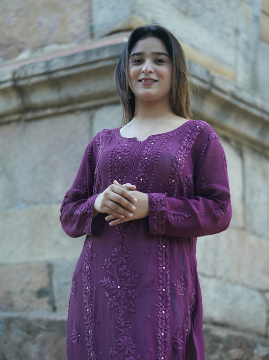 Mehak– Royal Plum Georgette Chikankari Long Straight Kurta