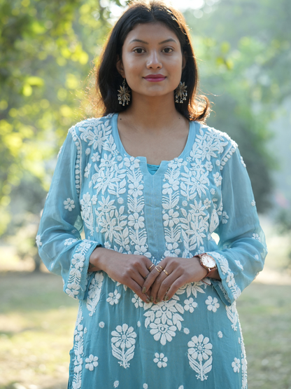 Ayesha– Sky Blue Viscose Chikankari Long Straight Kurta