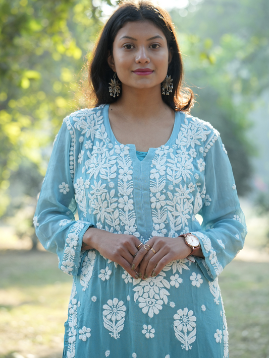 Ayesha– Sky Blue Viscose Chikankari Long Straight Kurta