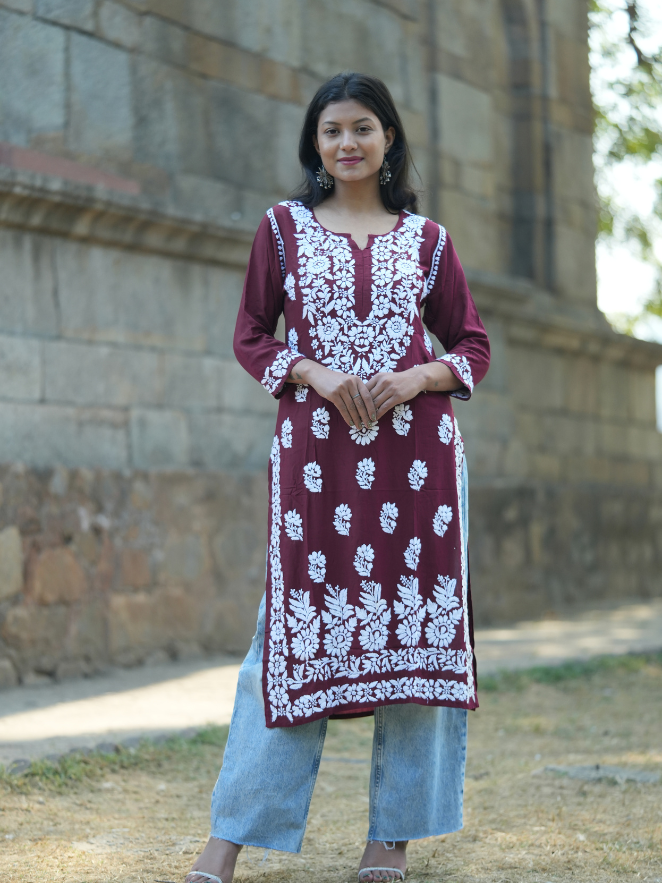 Muskan – Maroon Hand-Embroidered Straight Modal Kurta