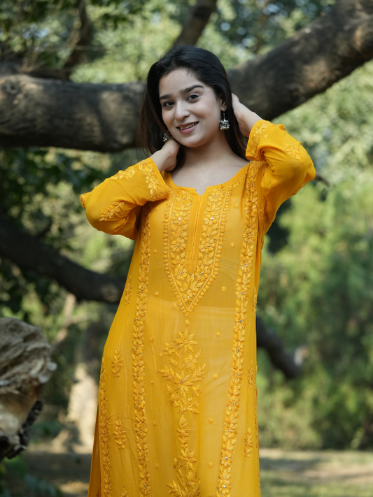 Mehak– Mustard Yellow Georgette Chikankari Long Straight Kurta