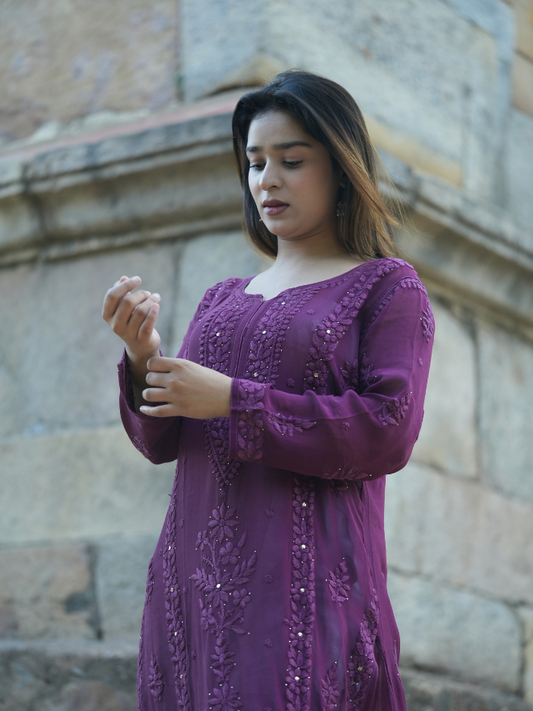 Mehak– Royal Plum Georgette Chikankari Long Straight Kurta