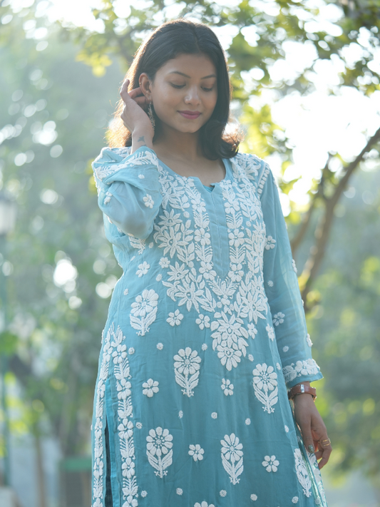Ayesha– Sky Blue Viscose Chikankari Long Straight Kurta