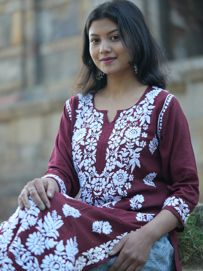 Muskan – Maroon Hand-Embroidered Straight Modal Kurta