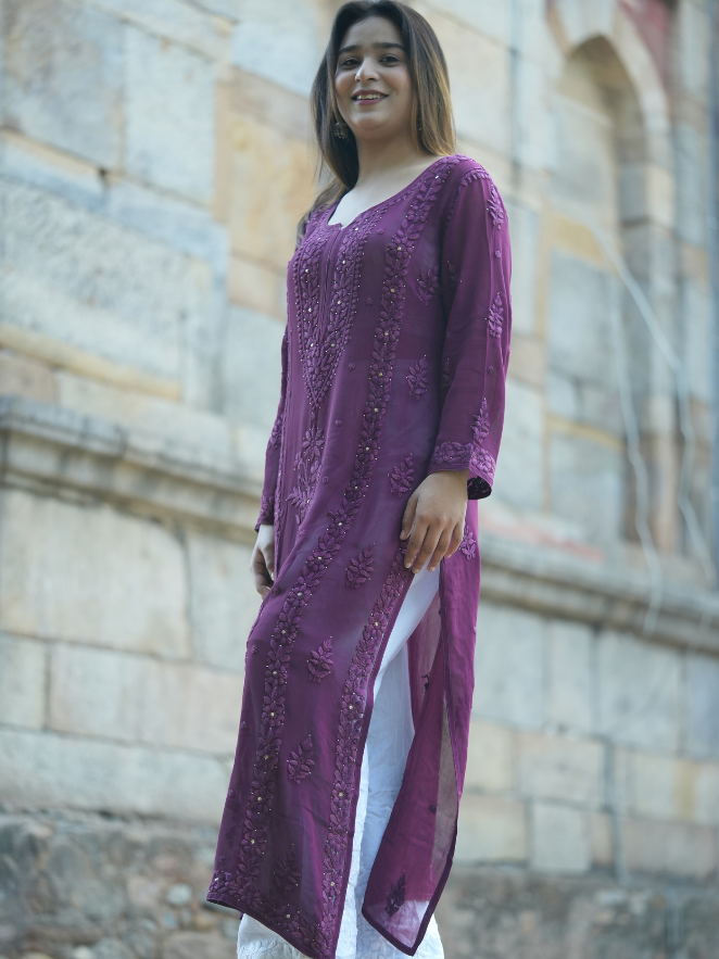 Mehak– Royal Plum Georgette Chikankari Long Straight Kurta