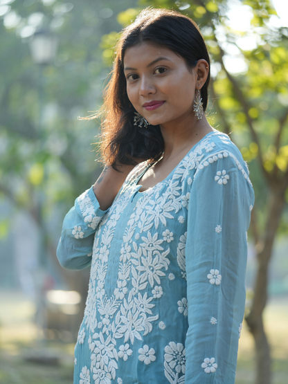 Ayesha– Sky Blue Viscose Chikankari Long Straight Kurta