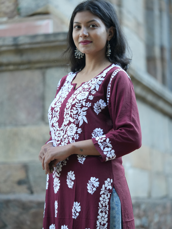 Muskan – Maroon Hand-Embroidered Straight Modal Kurta