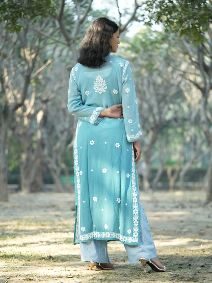Ayesha– Sky Blue Viscose Chikankari Long Straight Kurta