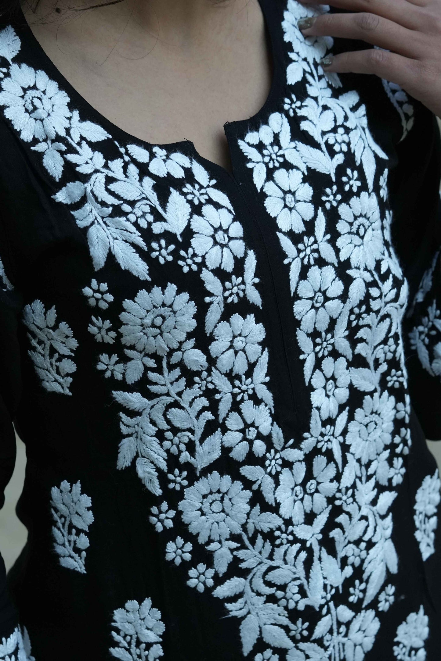 Muskan – Black Hand-Embroidered Straight Modal Kurta
