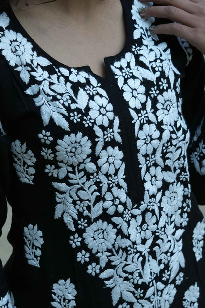 Muskan – Black Hand-Embroidered Straight Modal Kurta