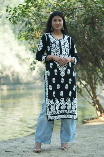 Muskan – Black Hand-Embroidered Straight Modal Kurta